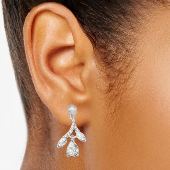 Simulated Pearl & Crystal Silver Tone Earrings Long Drop  You're Invited KOHLS - Picture 6 of 6